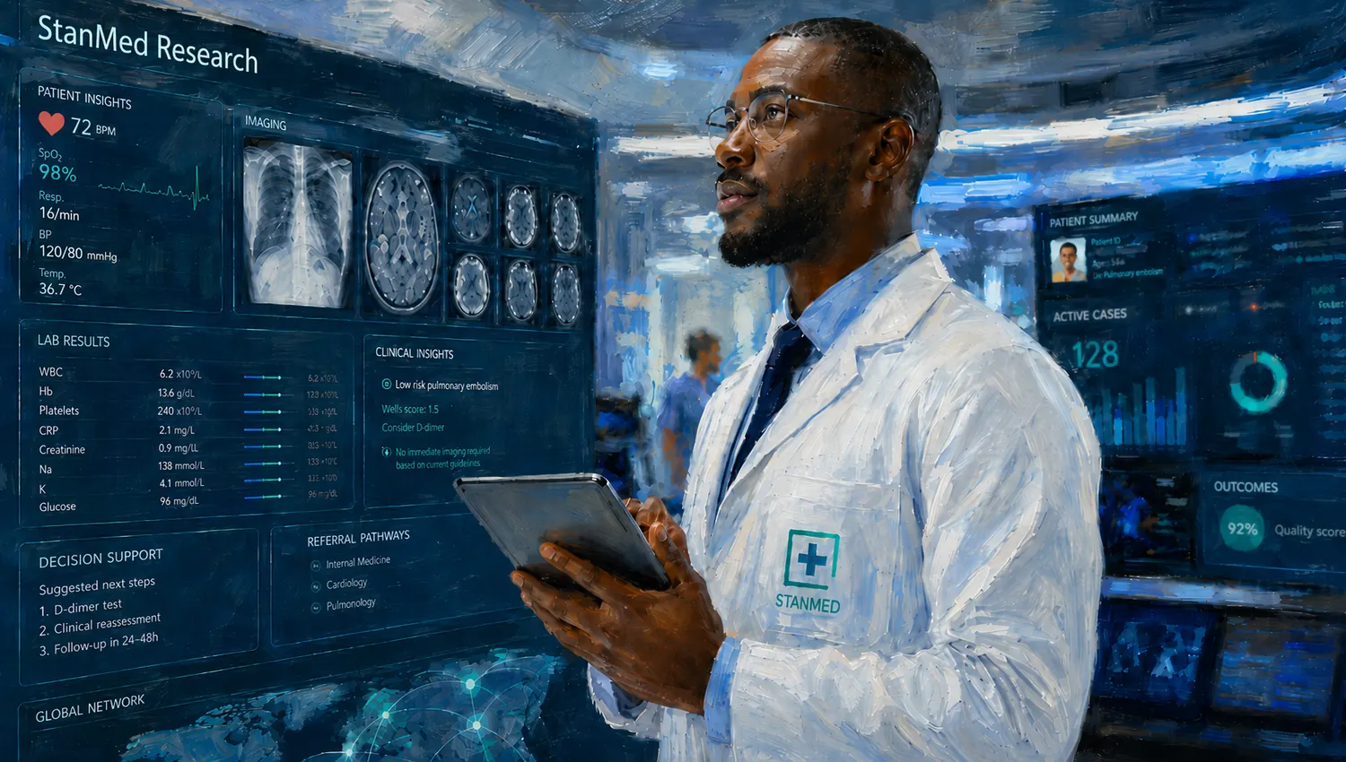 StanMed Research medical intelligence clinician reviewing patient insights, imaging, lab results and clinical decision support