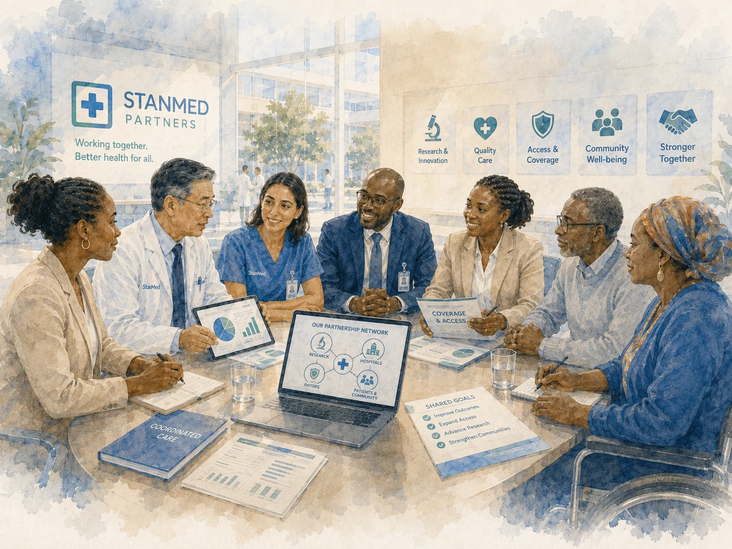 Painted illustration of StanMed partners including research institutions, hospitals, insurers and patient groups working together in a healthcare partnership meeting